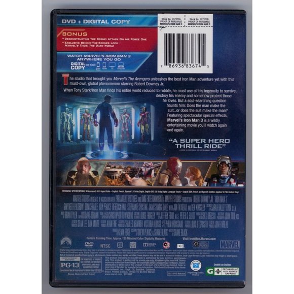 IRON MAN 3 on DVD "The best IRON MAN yet!" ©2013, Marvel, Rated PG-13 - Picture 2 of 2